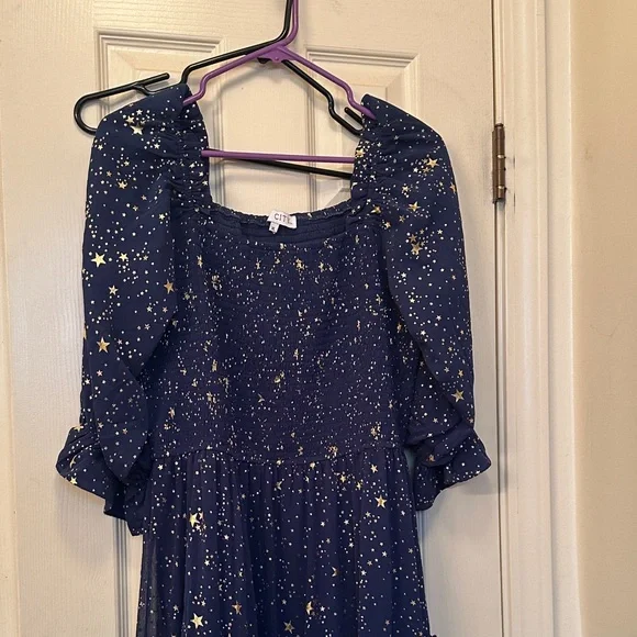 Ivy City Co | Dresses | Ivy City Blue Starry Puff Sleeve Dress With Gold  Accents | Poshmark